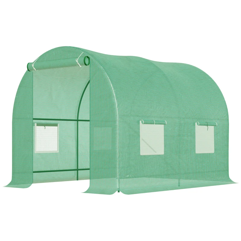 Outsunny Serre de Jardin Tunnel 5 m² 2,5L x 2l x 2H m Acier renforcé Ø 1,8 cm + PE Haute densité 140 g/m² fenêtres Porte déroulante Vert