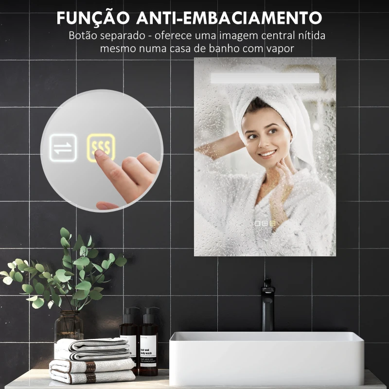 HOMCOM Espelho de Casa de Banho com Luz LED 70x50 cm 3 Cores de Luz Função Antiembaciamento Função de Memória IP44 Prata
