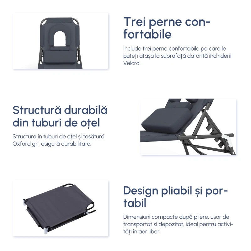 Outsunny Sezlong Relax Pliabil pentru plaja cu pernuta și deschidere pentru față în tesătură Oxford, Gri