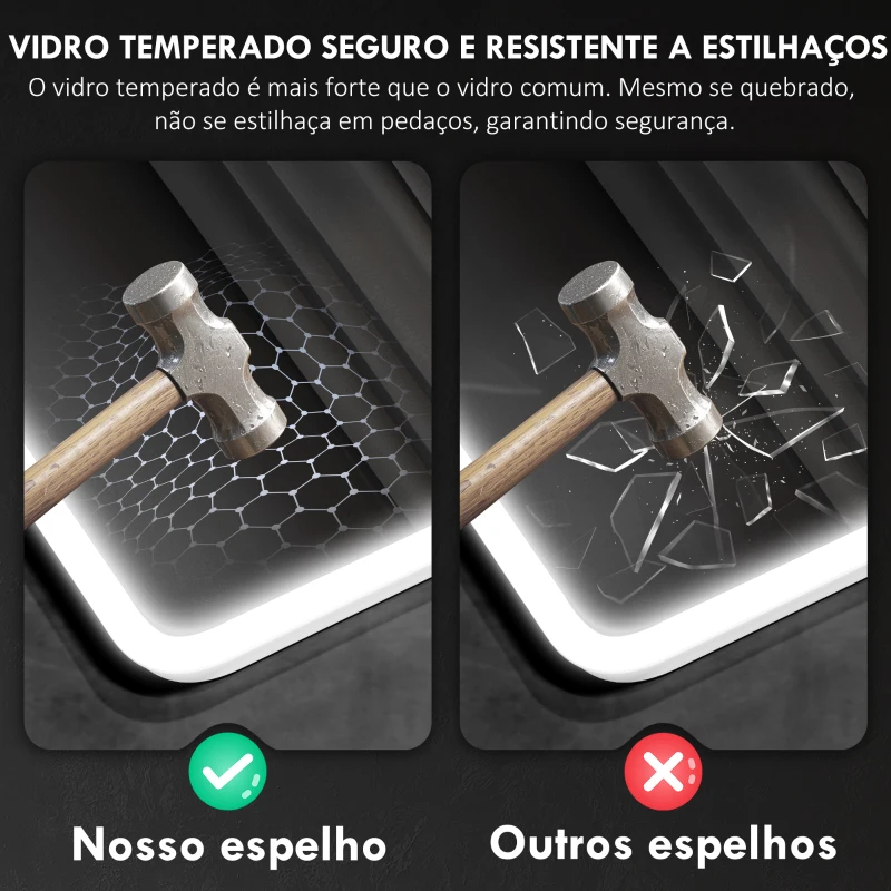 HOMCOM Espelho de Casa de Banho com Luz LED 80x60 cm Bluetooth 3 Cores de Luz Relógio Digital Função Antiembaciamento Função de Memória Prata