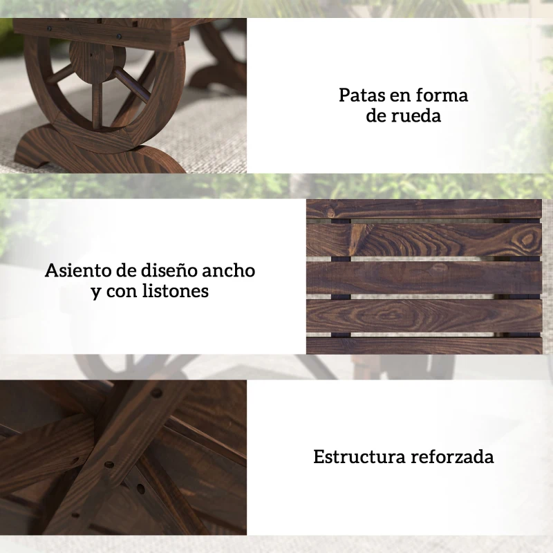 Outsunny Banco de Madera con Ruedas Decorativas Estilo Rústico Carga 250 kg para Patio Terraza Balcón 98x50x39,5 cm Carbonizado