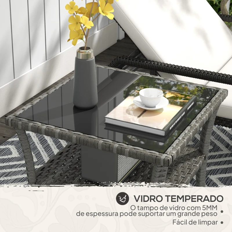 Outsunny Mesa de Vime Quadrada 50x50x45 cm Mesa de Jardim e Prateleira Tampo de Vidro Suporta 30 kg para Terraço Pátio Cinzento