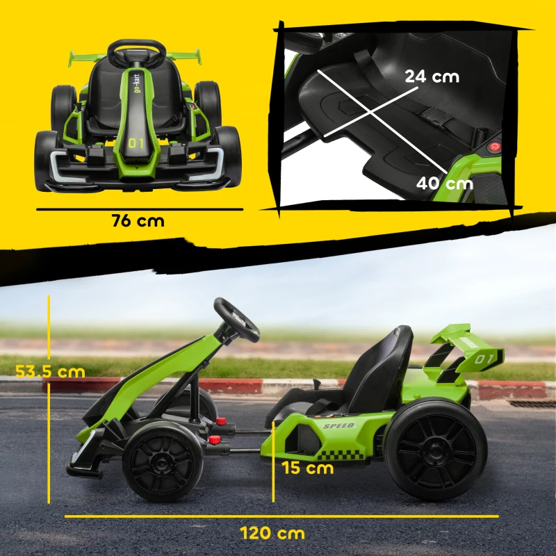 HOMCOM Go Kart Electric pentru Copii cu Scaun Reglabil, 2 Motoare, Claxon, Lumini și Muzică, 120x76x53,5 cm, Verde(m-3)