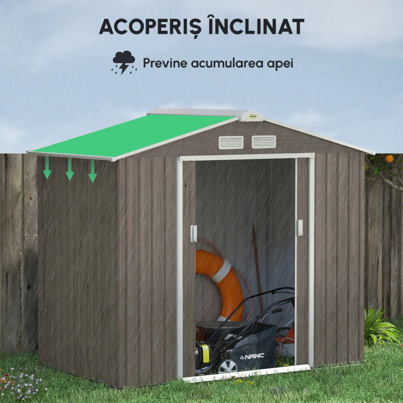 Outsunny Căsuță de Grădină pentru Unelte cu Orificii de Aerisire și Dublă Ușă Culisantă cu Blocare, 213x130x185 cm, Maro(m-8)