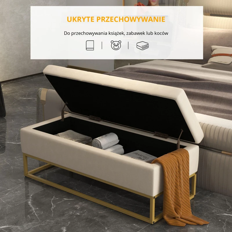 HOMCOM Ławka z miejscem do przechowywania, ławka tapicerowana, ławka do sypialni z wykończeniem z aksamitu, stal, beżowa
