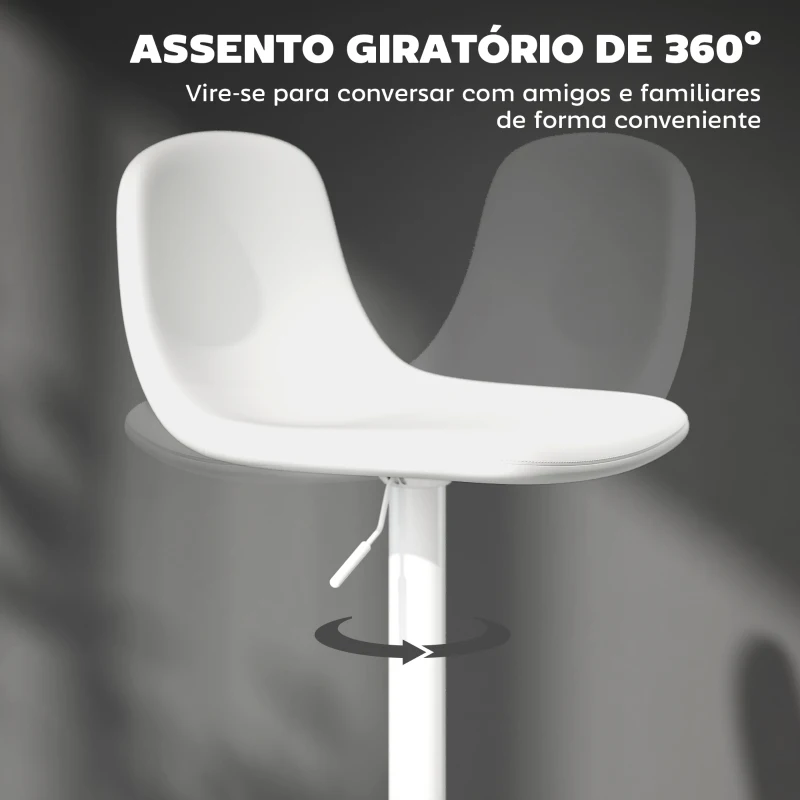 HOMCOM 2 Bancos de Bar Reguláveis em Altura 84-104 cm com Encosto e Apoio para os Pés Estofadas em PU Giratórias em 360° Branco