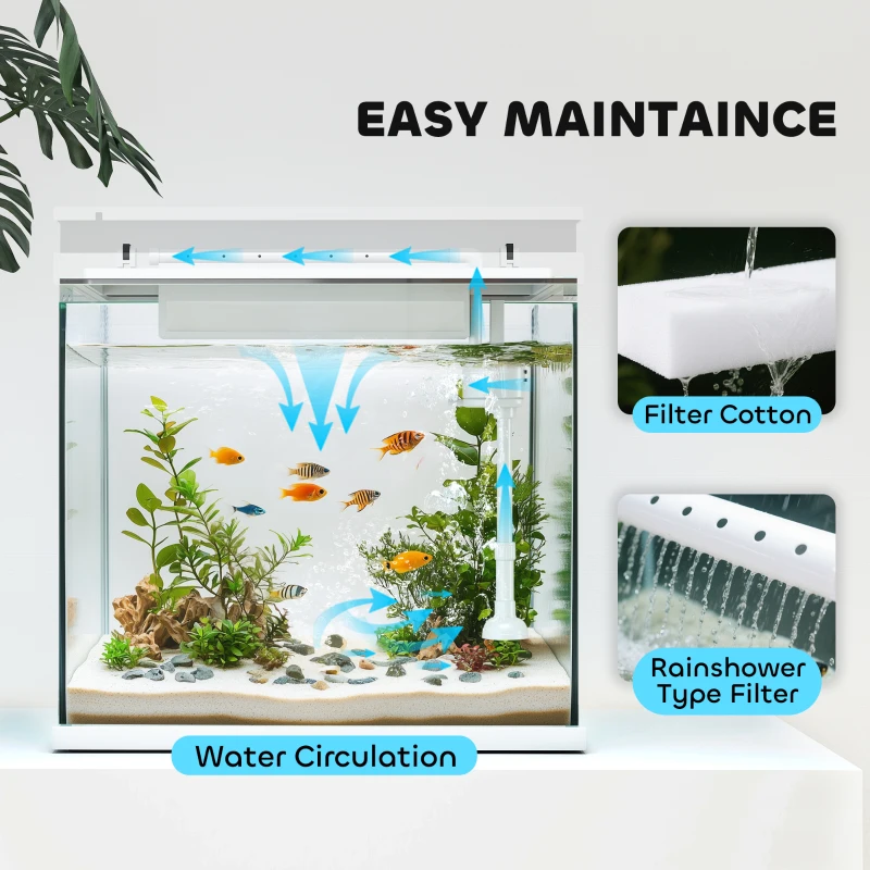 PawHut 26L Glass Fish Tank With Filter System, LED Lights, Water Pump, White