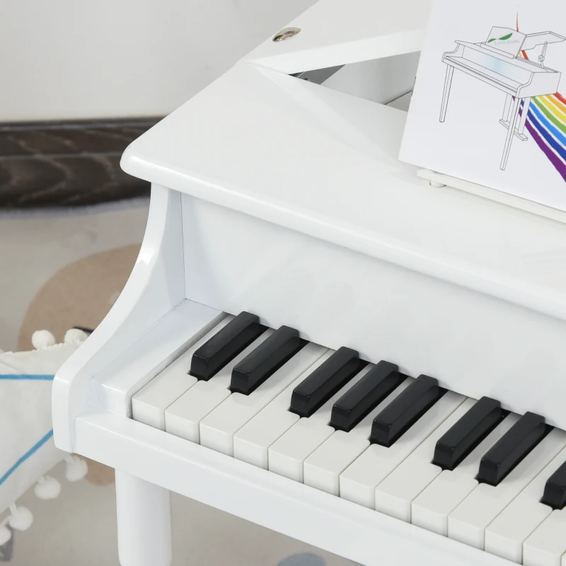 HOMCOM Piano de Cola Infantil de MDF con 30 Teclas Taburete y Atril de Partituras Piano para Niños Instrumento Musical Didáctico 52x50x49 cm Blanco