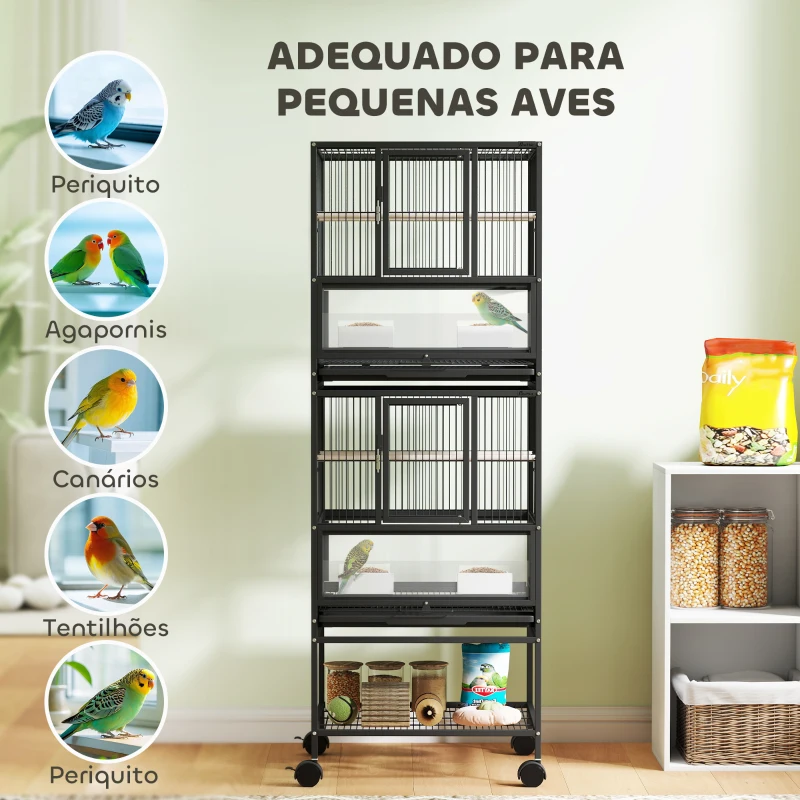 PawHut Gaiola para Pássaros de 2 Níveis com Rodas Painéis Acrílicos Comedouros Prateleira Bandejas Amovíveis  48x46x134,5 cm Preto