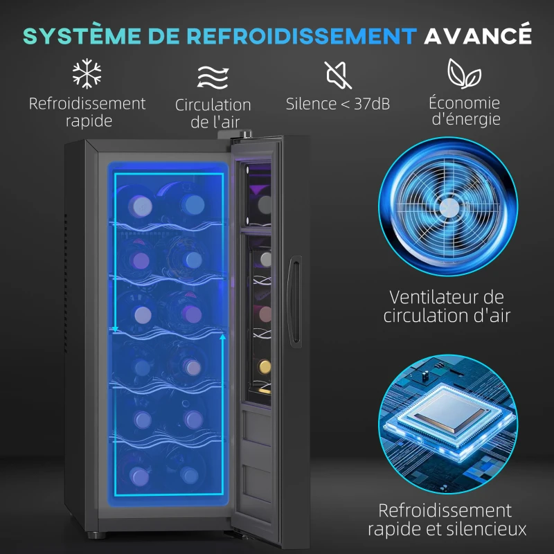 HOMCOM Cave à vin 12 bouteille 30L thermoélectrique double et silencieux avec porte en verre, LED, écran numérique, noir