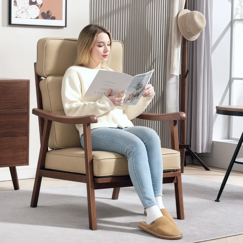 HOMCOM Sillón de Salón Tapizado en PU con Marco de Madera Cojines Acolchados Gruesos Caqui y Madera Nogal