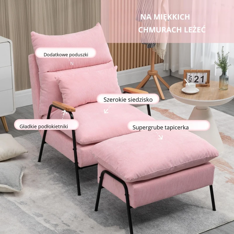 HOMCOM Fotel z podnóżkiem, fotel relaksacyjny z regulowanym oparciem, różowy