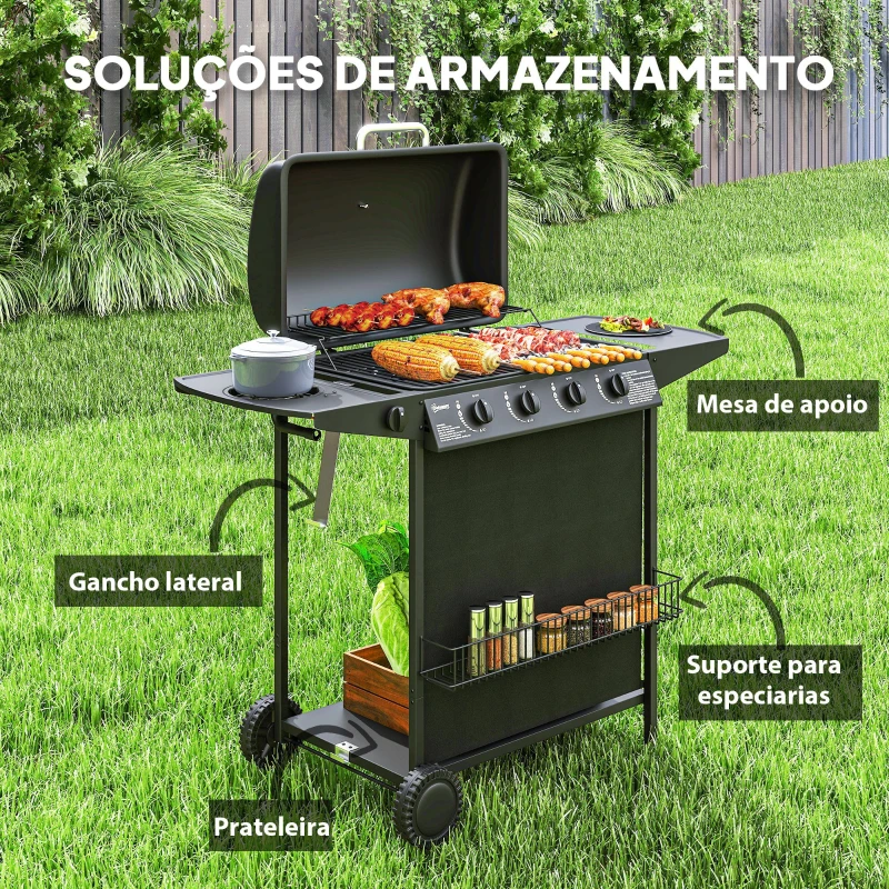 Outsunny Barbecue a Gás com 4+1 Queimadores 12 kW Termómetro Mesa Lateral Grelha Recolhedor de Gordura 2 Rodas  121x54x97 cm Preto