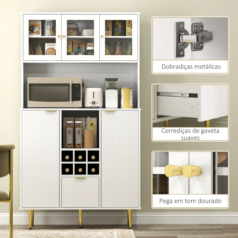 HOMCOM Armário de Cozinha Móvel Auxiliar de Cozinha Armário Alto com 3 Portas de Vidro Suporte para Garrafas 100x40x180 cm Branco