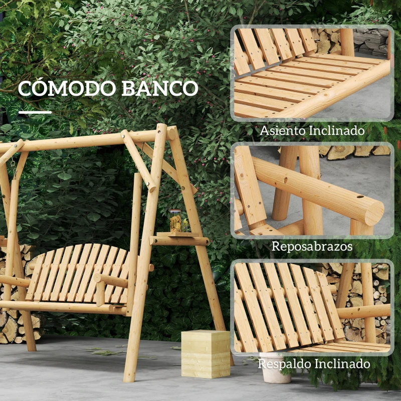 Outsunny Banco Columpio de Jardín de Madera de 2 Plazas con Bandejas Laterales Reposabrazos y Estructura en A Natural