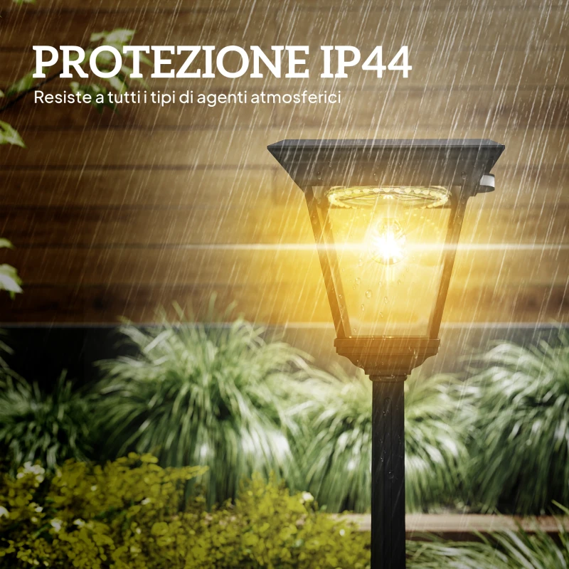 Outsunny Lampione da Giardino a Energia Solare con Sensore PIR, in Alluminio e Vetro, 26x24x220 cm, Nero