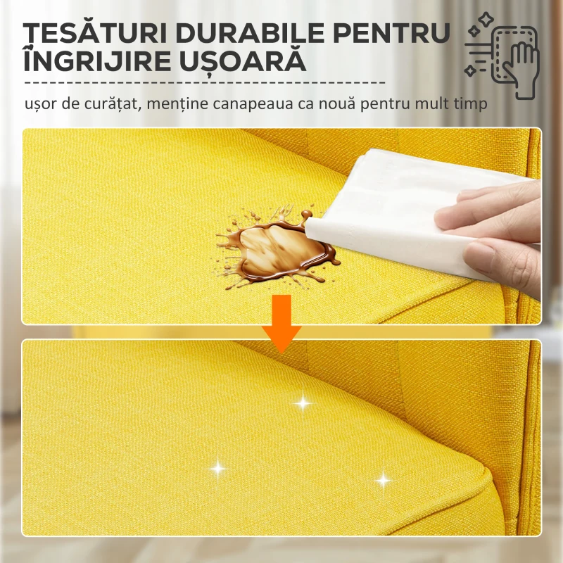 HOMCOM Canapea cu 2 Locuri din Țesătură, Fără Brațe, Canapea de Sufragerie cu Picioare din Lemn, 117x56,5x77 cm, Galben(m-8)