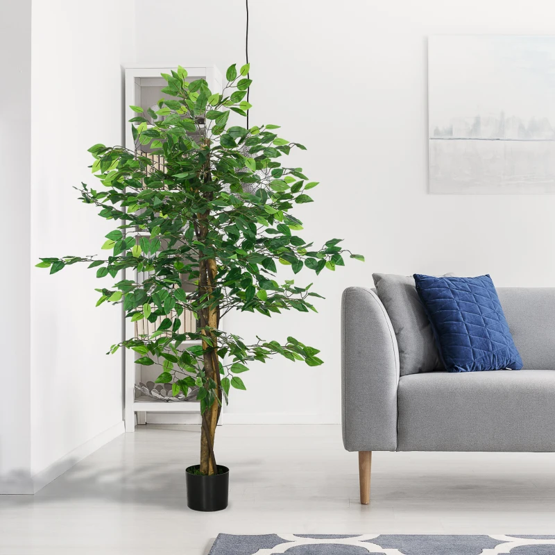 HOMCOM Ficusbaum Kunstpflanze, naturgetreu, 150 cm hoch, mit Topf, Grün(m-6)