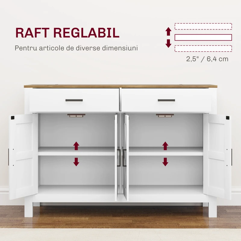 HOMCOM Bufet de Bucătărie cu 2 Sertare și 2 Dulapuri, 120x39,3x82,5 cm, Alb
