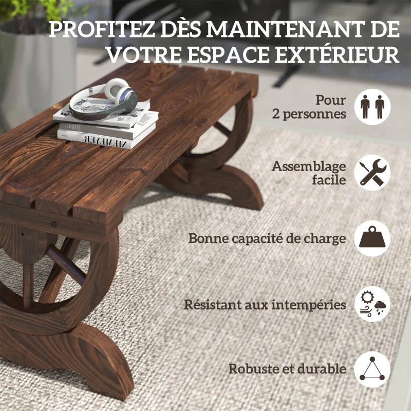 Outsunny Banc de jardin en bois avec assise à lattes, roue décorative, pour patio terrasse balcon arrière-cour, marron