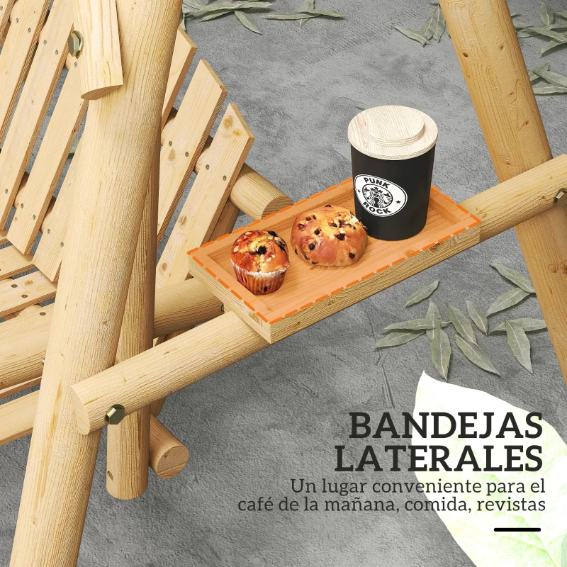 Outsunny Banco Columpio de Jardín de Madera de 2 Plazas con Bandejas Laterales Reposabrazos y Estructura en A Natural