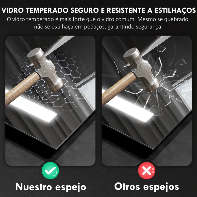 HOMCOM Espelho de Casa de Banho com Luz LED 70x50 cm 3 Cores de Luz Função Antiembaciamento Função de Memória IP44 Prata