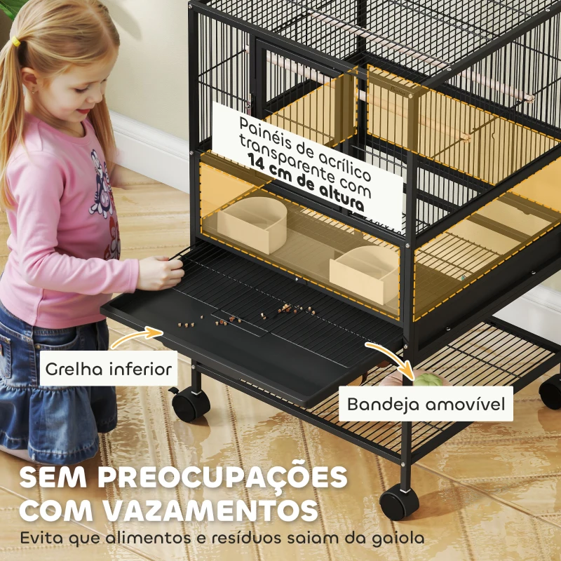 PawHut Gaiola para Pássaros com Rodas Painéis Acrílicos Comedouros Poleiros Prateleira Bandeja Amovível 48x46x83 cm Preto