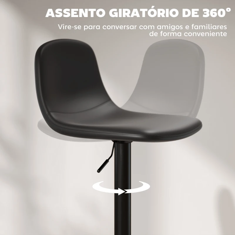 HOMCOM 2 Bancos de Bar Reguláveis em Altura 84-104 cm com Encosto e Apoio para os Pés Estofadas em PU Giratórias em 360° Preto