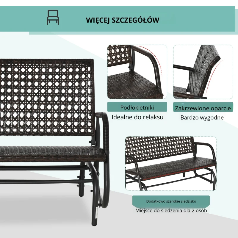 Ławka bujana Outsunny z technorattanu 2-osobowa zewnętrzna taras ogród ławka dla dwojga huśtawka ogrodowa z oparciem ławka parkowa brązowa 70 x 120 x 84 cm