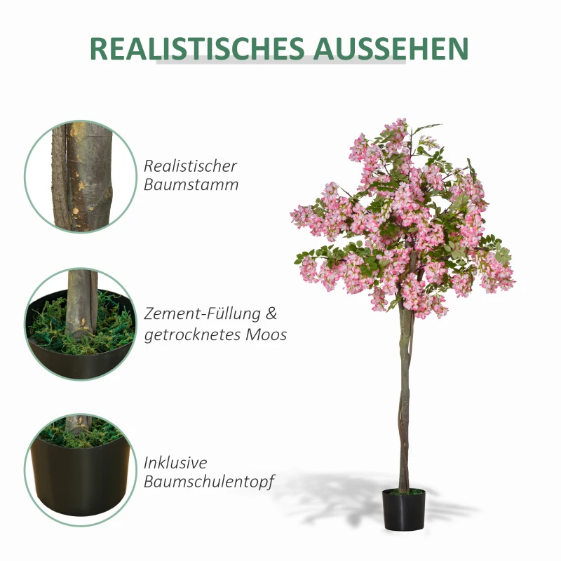 HOMCOM künstliche Pflanzen 150 cm Kunstpflanzen im Topf künstlicher Schnurbaum mit rosa Blumen Kunstpflanze Kunstbaum Zimmerpflanze Dekopflanze Büropflanze Kunststofftopf für drinnen und draußen