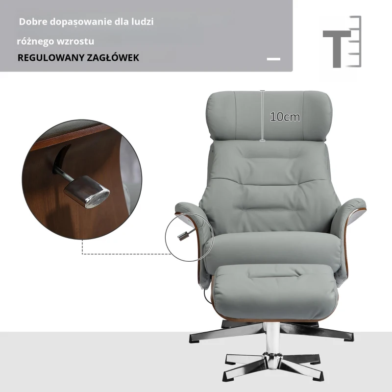 HOMCOM Fotel Wypoczynkowy z Podnóżkiem, Funkcja Leżenia, Obrotowy, Wygląd Skóry, do 150 kg, Jasnoszary