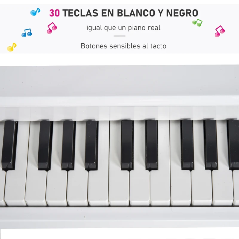 HOMCOM Piano de Cola Infantil de MDF con 30 Teclas Taburete y Atril de Partituras Piano para Niños Instrumento Musical Didáctico 52x50x49 cm Blanco