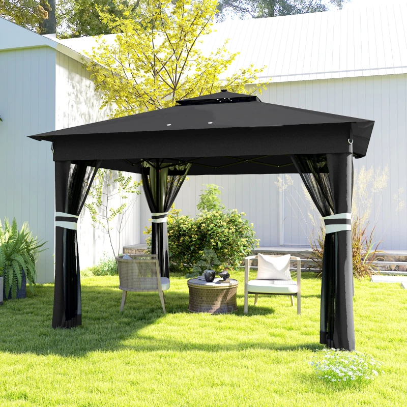Outsunny 3.36 x 3.36m Pop Up Gazebo Party Tent with Solar-Powered LED Lights, Adjustable Event Shelter with Netting, Black