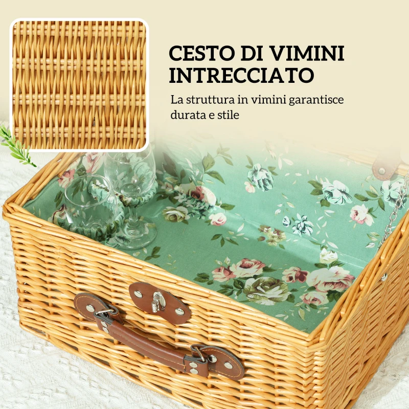 Outsunny Cestino da Picnic in Vimini per 2 Persone con Piatti, Calici, Cavatappi e Posate, 40x30x20 cm, Marrone