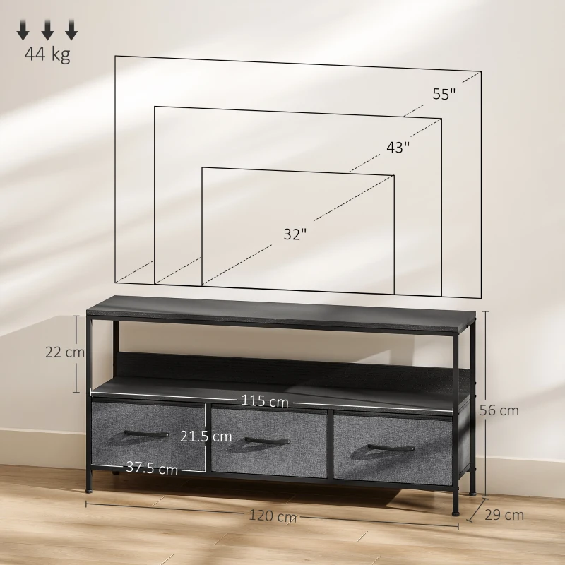 HOMCOM TV Stand Cabinet with 3 Foldable Drawers - Black