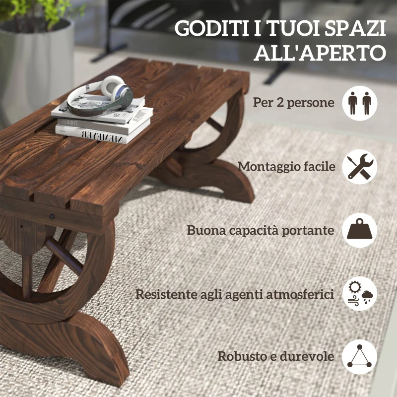 Outsunny Panca a 2 Posti da Esterno in Legno di Abete con Effetto Bruciato (98x50x39.5cm) Gambe con Design a Ruota(Ø41cm)