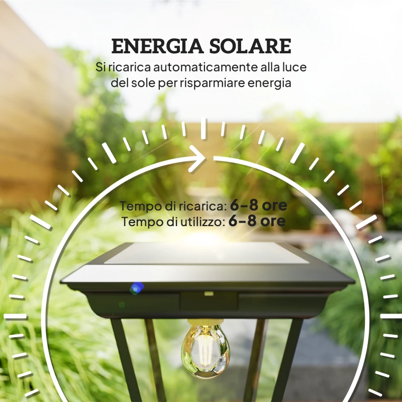 Outsunny Lampione da Giardino a Energia Solare con Sensore PIR, in Alluminio e Vetro, 26x24x220 cm, Nero