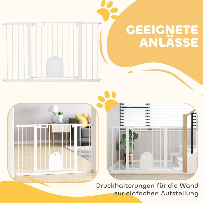 PawHut Türschutzgitter Treppenschutzgitter Hunde Absperrgitter Schutzgitter für Haustier Hundegitter Klemmbefestigung Metall ABS Weiß 75-131 x 76 cm