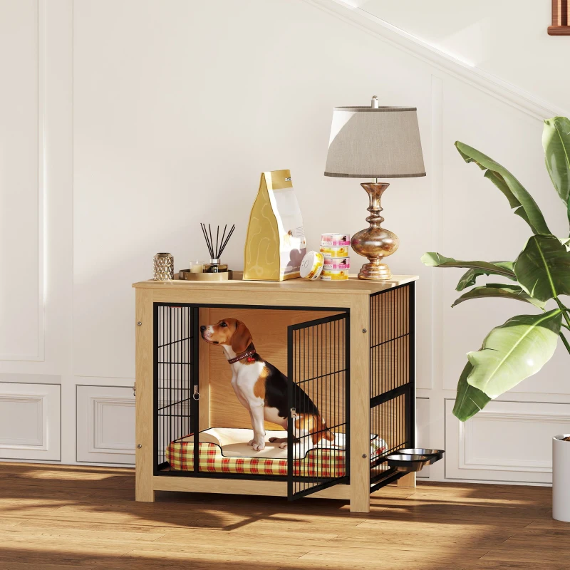 PawHut Gaiola para Cães Mesa Auxiliar Moderna com 2 Portas Suporte Giratório com 2 Tigelas para Cães Médios 80x60x68 cm Carvalho