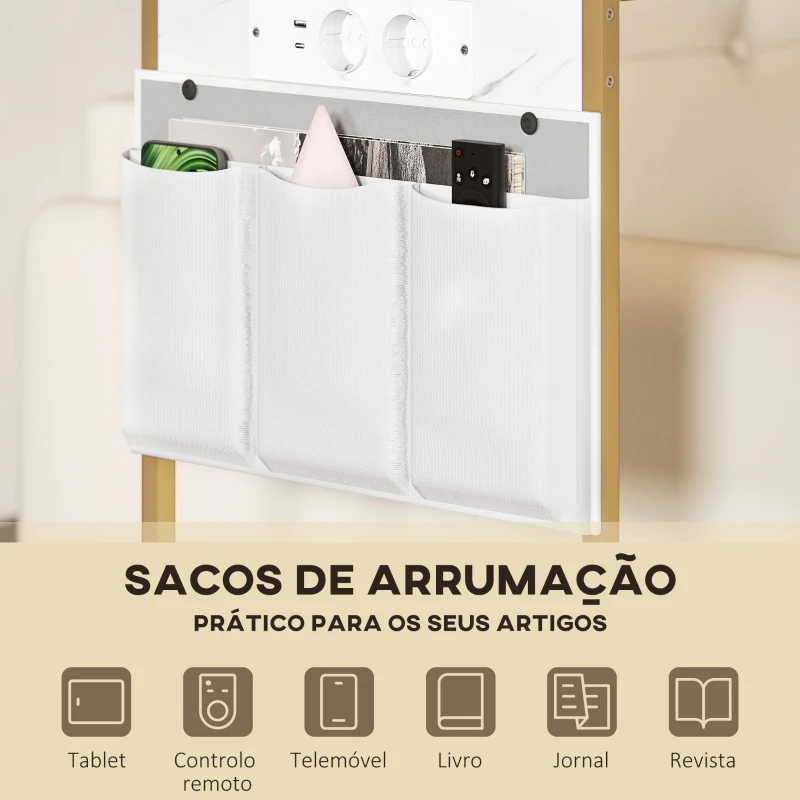 HOMCOM Mesa Auxiliar com Estação de Carga Mesa Lateral com 2 Entradas USB 1 Entrada USB-C e Bolsa Organizadora 25,5x40x71 cm Branco