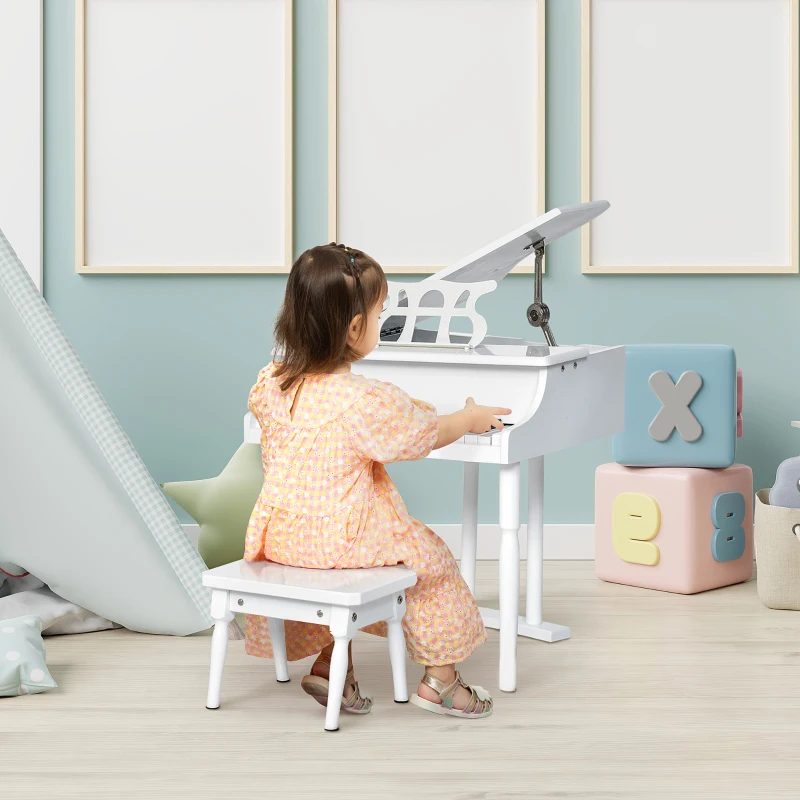 HOMCOM Piano de Cola Infantil de MDF con 30 Teclas Taburete y Atril de Partituras Piano para Niños Instrumento Musical Didáctico 52x50x49 cm Blanco
