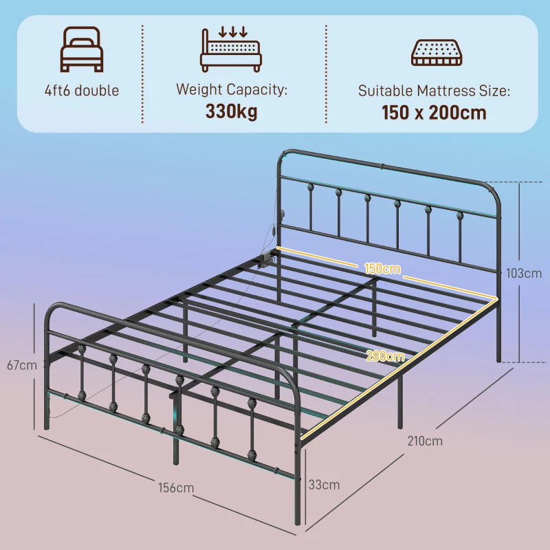 HOMCOM King Bed Frame with LED Lights and Charging Station, Metal Platform Bed Frame with Under Bed Storage, Black