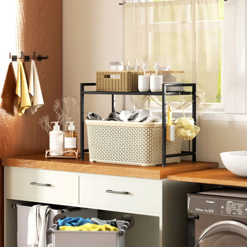 HOMCOM Expandable Microwave Oven Rack with 3 Hooks - Black