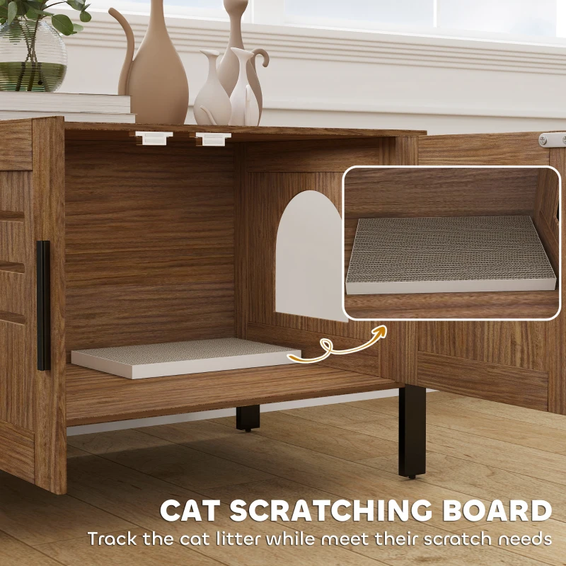 PawHut Cat Litter Box Enclosure with Tall Legs, Scratching Board, Double Doors, Ventilation Holes, 80 x 45 x 50 cm, Dark Brown