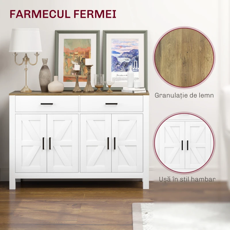 HOMCOM Bufet de Bucătărie cu 2 Sertare și 2 Dulapuri, 120x39,3x82,5 cm, Alb