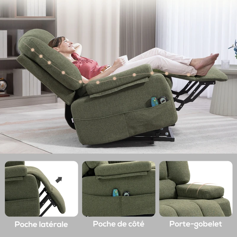 HOMCOM Fauteuil releveur relax électrique, fonction massage et chaleur, inclinaison réglable, repose-pied, télécommandes, vert(m-8)