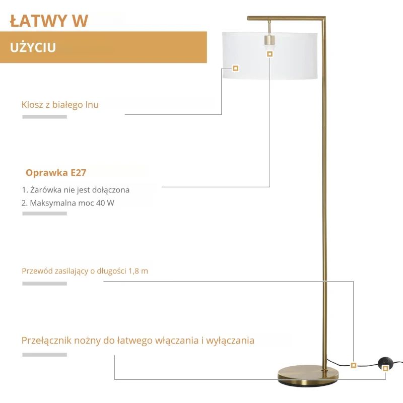 Lampa podłogowa Lampa stojąca oprawka E27 do salonu metal stal len