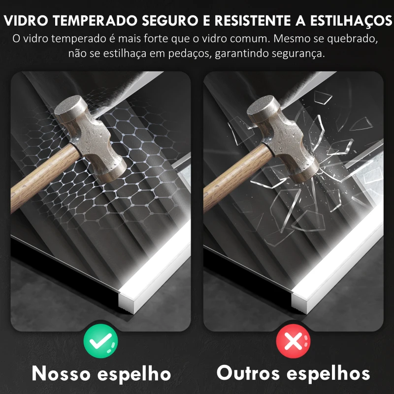 HOMCOM Espelho de Casa de Banho com Luz LED 70x50 cm 3 Cores de Luz Função Antiembaciamento Função de Memória IP44 Prata