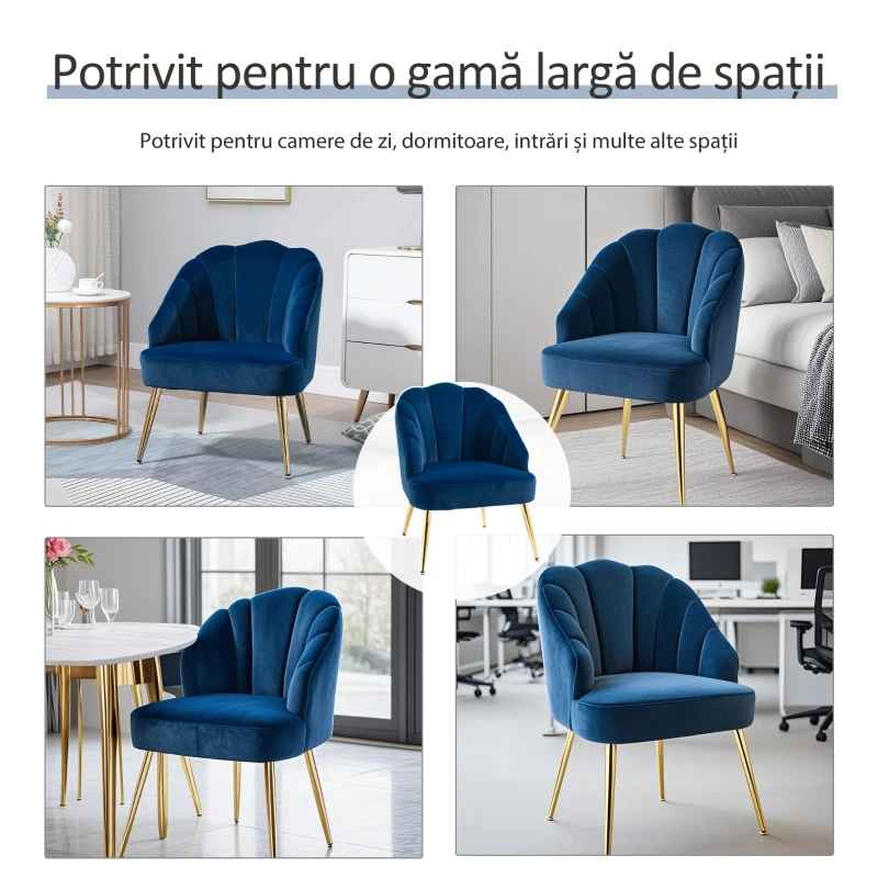 HOMCOM Fotoliu din Catifea Capitonat cu Spatar in Forma de Scoica pentru Dormitor si Living, 63x65x84cm