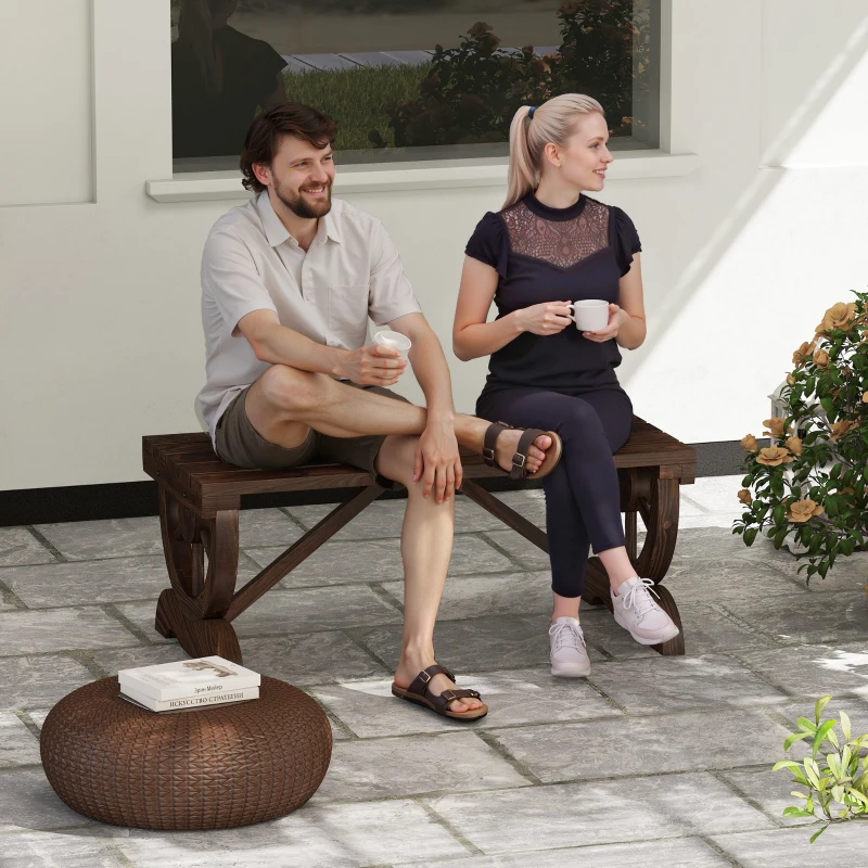 Outsunny Banc de jardin en bois avec assise à lattes, roue décorative, pour patio terrasse balcon arrière-cour, marron